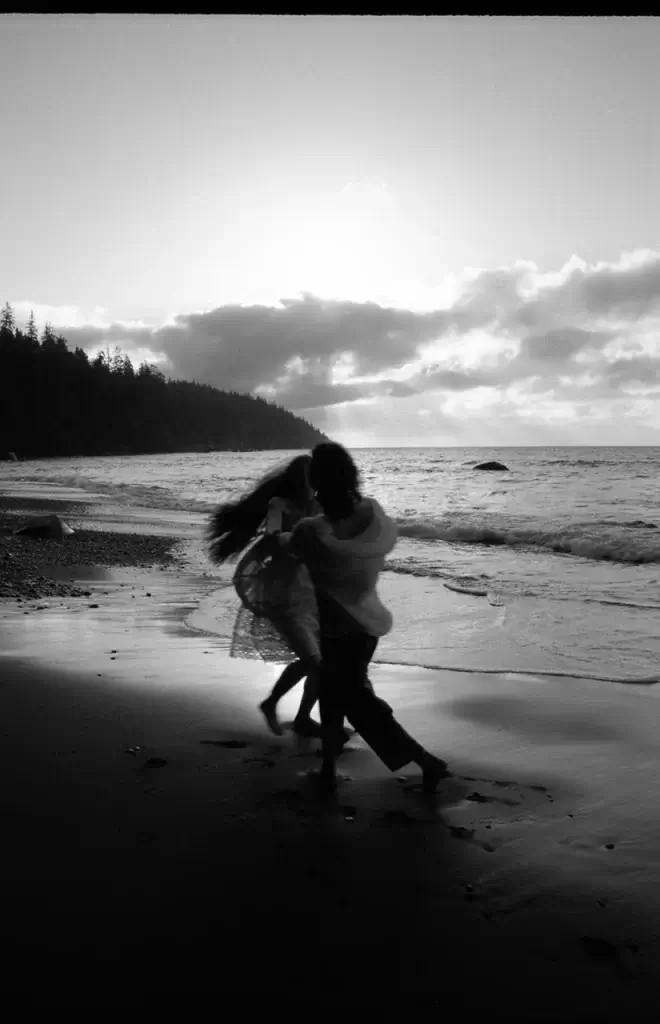 bw mm couple running beach romantic ocean vancouver aesthetic